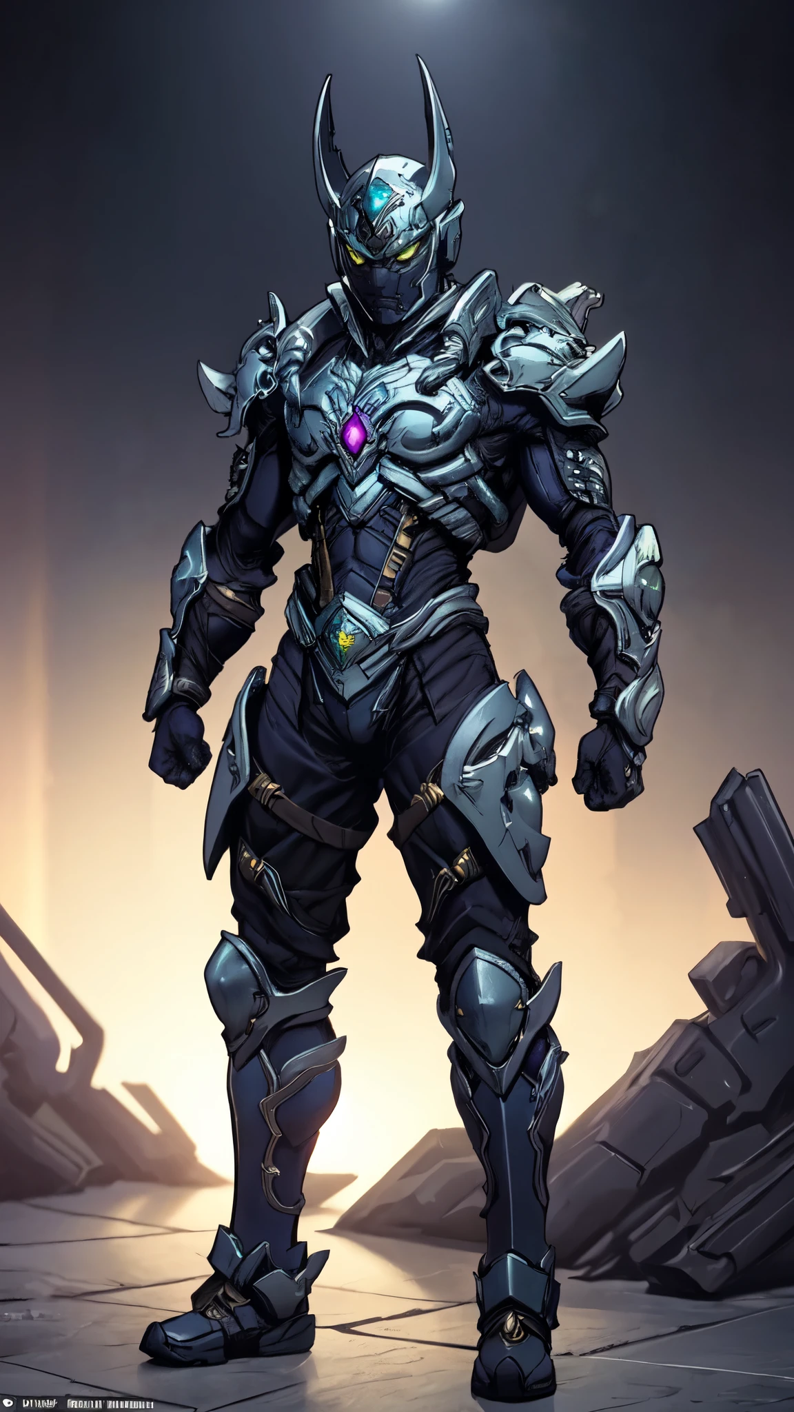 (masterpiece:1.5, best quality:1.5, extremely delicate:1.5), ((male:1.5)), a man wearing a full-face helmet, green eyes, fantasy-style high-tech biomimetic armored combat suit, (a composite layered chest armor), the design balances heavy with agility, fully enclosed shoulder guards, matching arm and leg guards, a belt of gemstone, equipped with a high-tech electromagnetic gun backpack, (the color scheme is primarily Indigo with Silver accents, Organic Biotech, Concept Inspired by Batman, glowing eyes, armor glows, stand of a futuristic sci-fi city), this character embodies a finely crafted fantasy-style armored hero in anime style, exquisite and mature art style, metallic, high definition, highres, ultra-detailed, ultra-fine painting, professional, perfect body proportions, golden ratio, anatomically correct, symmetrical face, extremely detailed eyes and face, high quality eyes, creativity, RAW photo, UHD, 32k, Natural light, cinematic lighting, masterpiece-anatomy-perfect