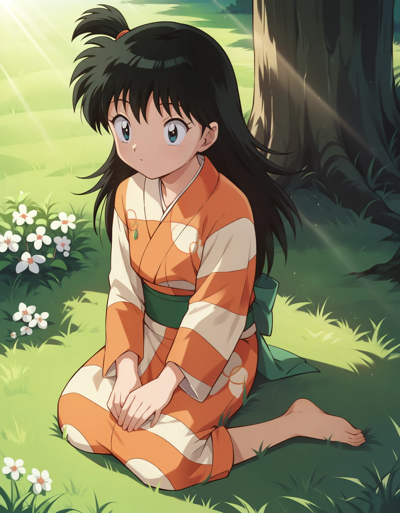 score_9, score_8_up, score_7_up, solo, rin_inuyasha, black hair, long hair, side ponytail, kimono, cute, sitting, grass, tree, natural lighting