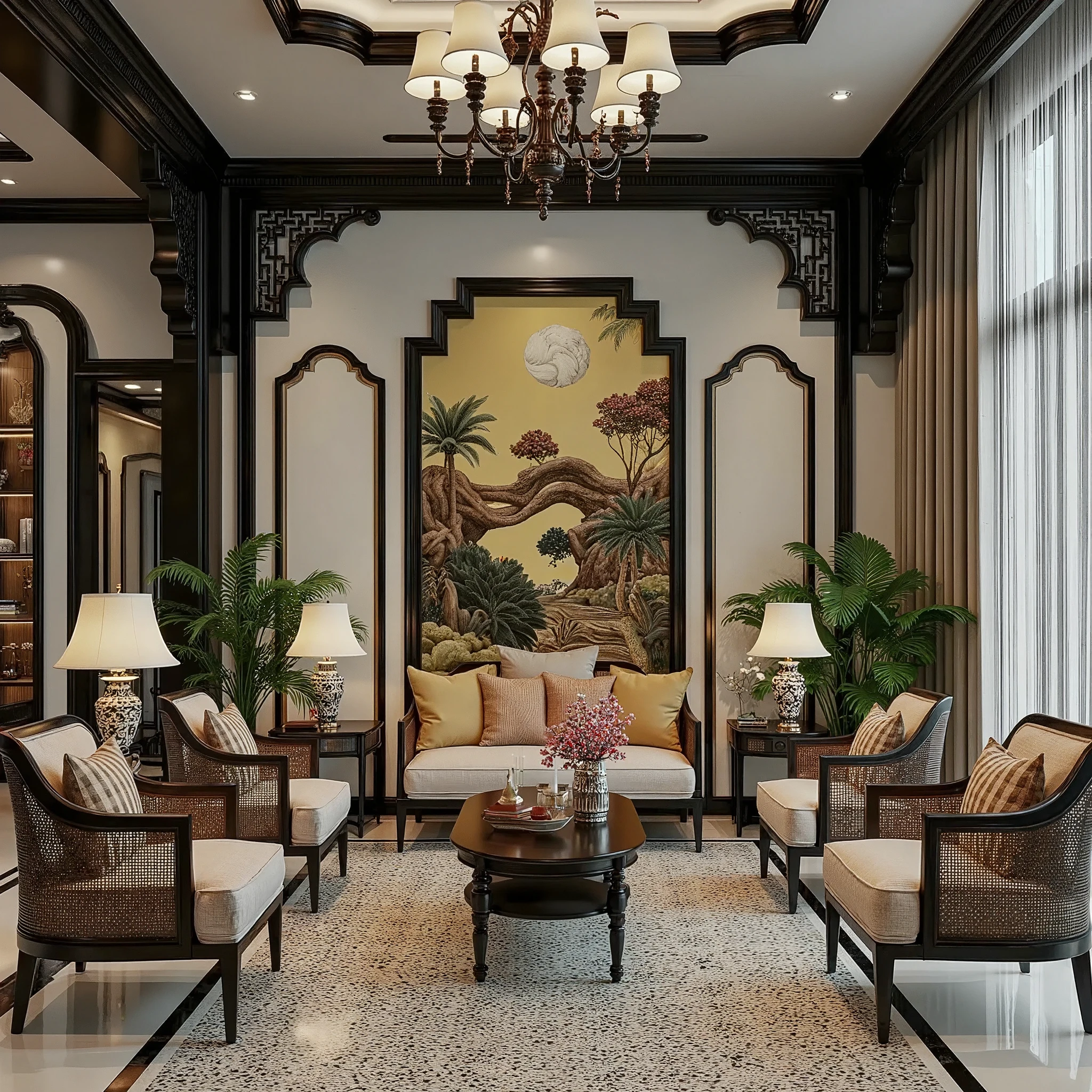 (masterpiece, best quality:1.2), indochina interior design:1.5, daylight, volumetriclight:1.5