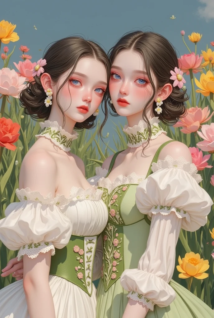 Sisters Group Photo ，Close-up shot of a flower field wearing a dress,  A painting inspired by Shen Sizheng , tumblr, Rococo, Dreamy and detailed,  Victorian dress ,  Ethereal Fairy Tale , retro fantasy style, Gu Weiss,  Victorian Style Outfit , 🌺 CG Society,  Delicate Dress and Face , White Hanfu, Rococo dress,  Fantastic Aesthetics !