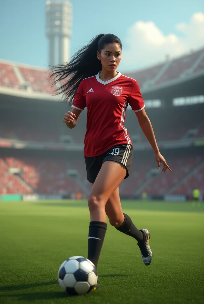 a black female teenage soccer player in a red and black uniform with cornrow hair stuck to the top of her head