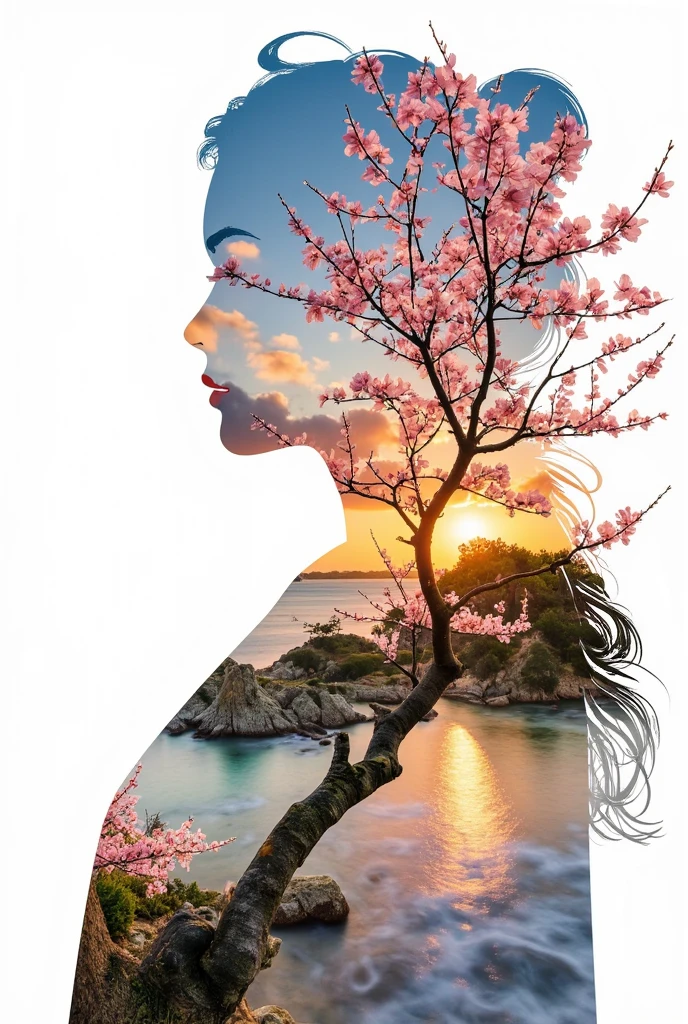 high quality, 8K Ultra HD, A beautiful double exposure that combines an goddess silhouette, there's a serene with sunset coast, sunset coast should serve as the underlying backdrop, with its details incorporated into the goddess , crisp lines, The background revealing a white paper beneath it.
 is monochrome, sharp focus, double exposure, by yukisakura, awesome full color, 