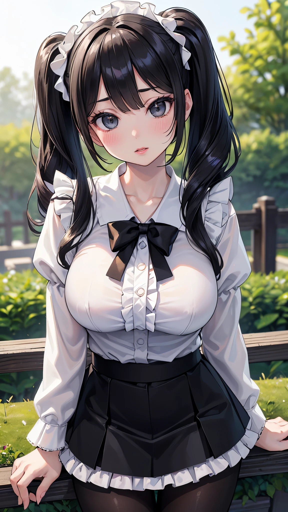 masterpiece, 最 High Quality , 超 Hi-Res, very detailed), (Realistic:1.1, photoRealistic:1.4), Perfect illustration, full light, Perfect Detailed Hair , Perfect and exquisite face, Perfect collarbone, perfect body, juicy breasts 、 show viewers , 1 person, perfect face, ( perfect anatomy, anatomically correct), symmetrical faces、((Shiny Hair)), sexy body、(masterpiece),(最 High Quality :1.3),8k,Very clear,( super real ),seductive woman,( High Quality , Hi-Res, Sex), Realisticなスタイルの女性, juicy breasts 、Perfect Woman、 perfect face、 symmetrical faces、((Big breasts))、blush、(( juicy lips ))、(( black hair twin tails))、(( double big black eyes、 long lashes))、(Makeup)、(White frill shirt、black ruffle mini skirt 、 Pantyhose:1.5)、(Outdoor、Garden)