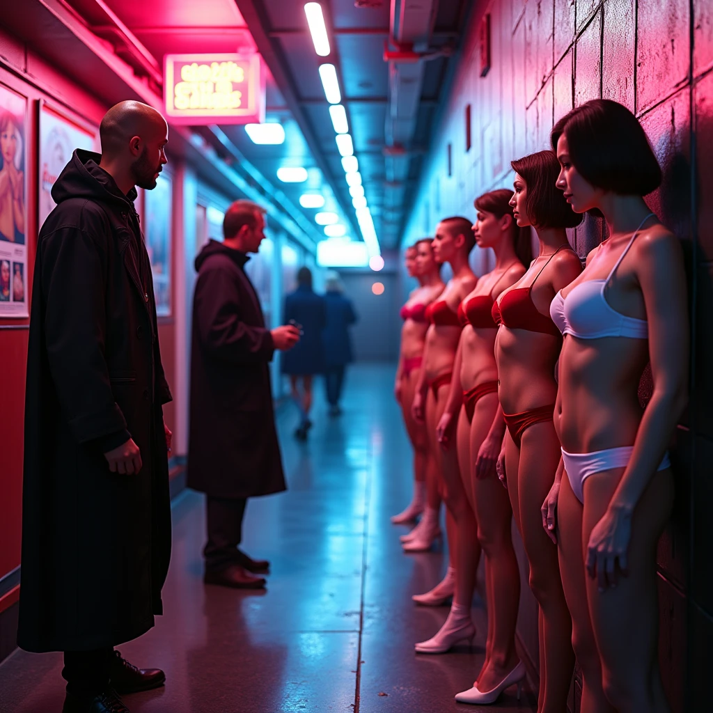 in a warehouse, A man is standing on the ground, surprised look, In front of him are several beautiful young women with hair of different colors., in sexy lingerie, on shelves, beautiful and defined faces, standing looking at the camera with their eyes closed, There is a sign hanging that says  "ROBOT STORAGE", The man touches the breasts of one of the girls, first person view , Excellent lighting, hyperrealistic quality image, high resolution