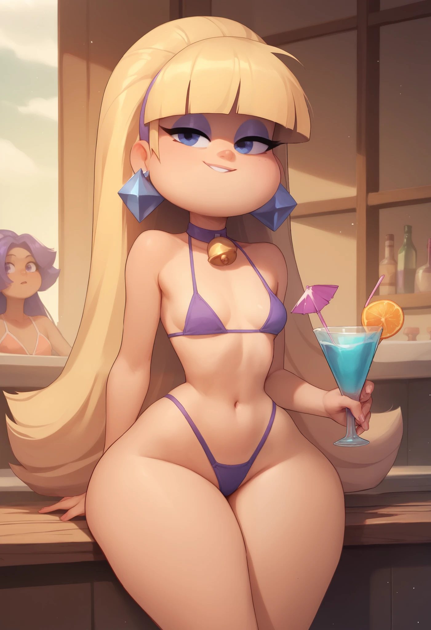 Pacifica Northwest. Small saggy breasts. huge hips. thin body, long blond hair with bell-shaped bangs and dark blue eyes. She also has thick purple eye shadow and lavender ring earrings. a bikini. a party at the bar. cocktail
