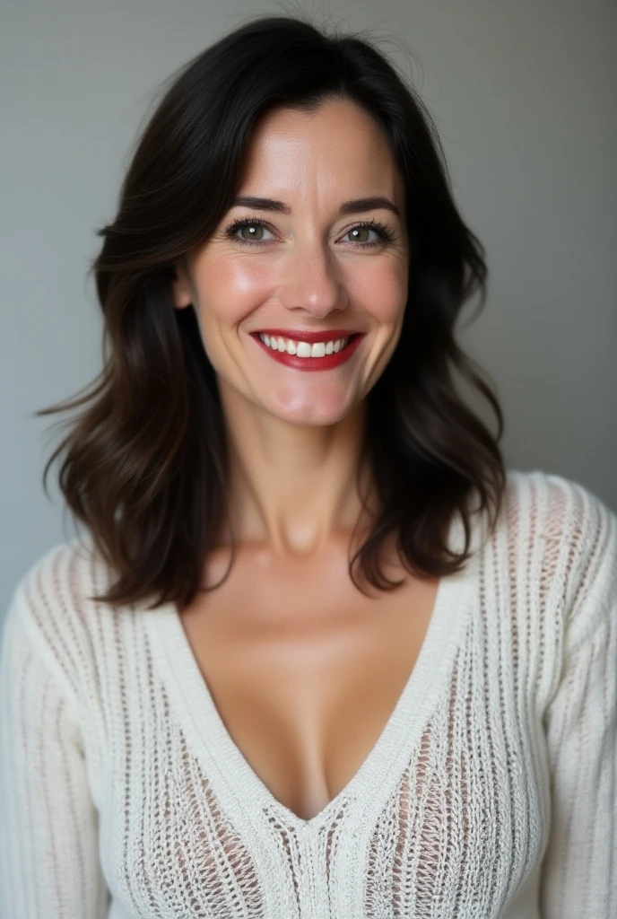 photo of a skinny very old wrinkly-faced faced mature brunette with messy long hair thrown into a messy bun ponytail. She wears: (turtleneck soft high ribbed tight sweater:1.1), submissive seductive pose, high tight ribbed neck, seductive smile, perfect fake tits, eager granny, realistic bukkake cum facial