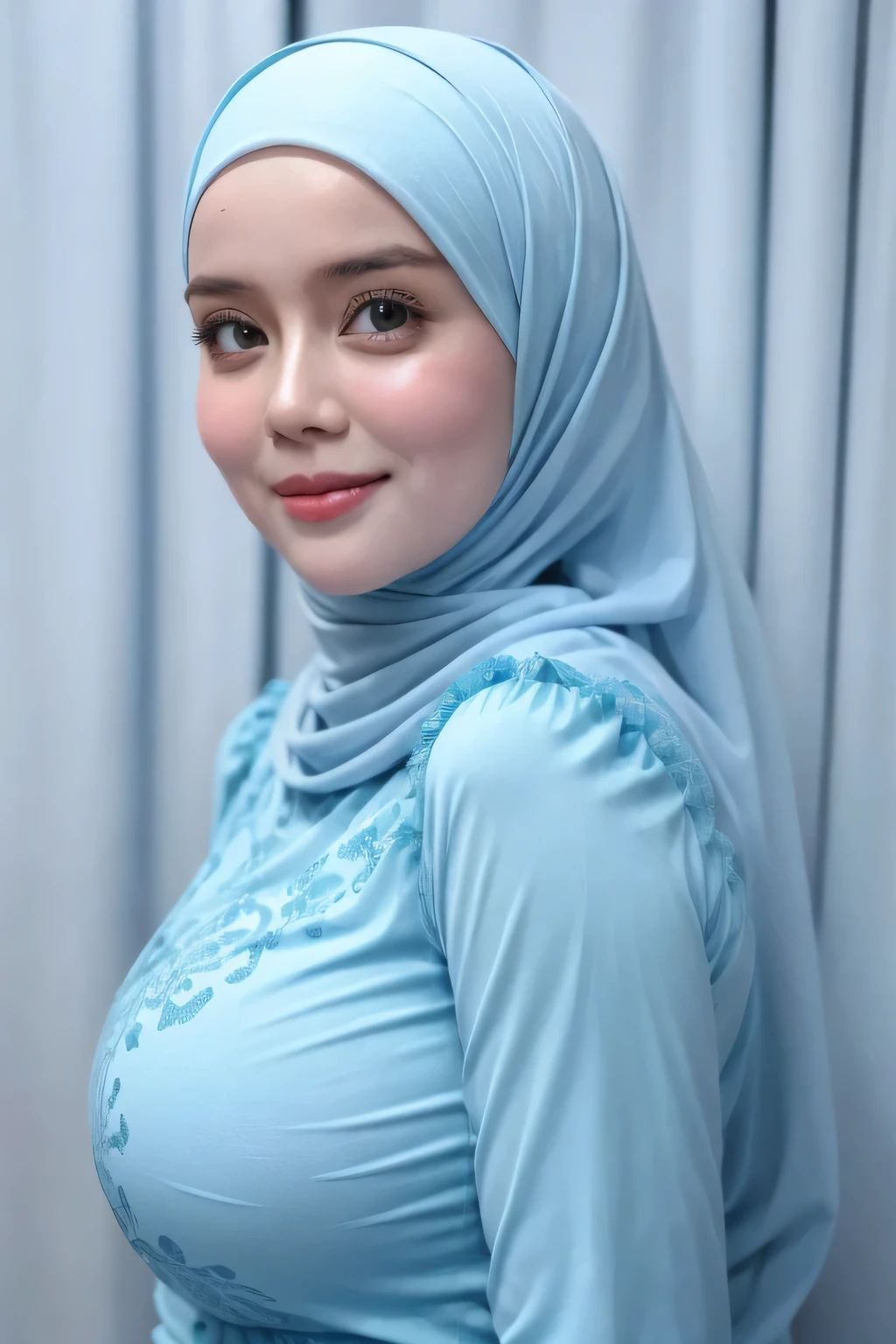 adorable, 1 girl, (face to face), , , happy, half body portrait, (face details: 1), (eye details: 1), ((huge breasts)). wearing transparent transparency soft long shirt, hijab .. Cute posed. proportional body. Ultra High Res. realistic: 1.4, UHD, (floral pattern), view from side seductive pose 