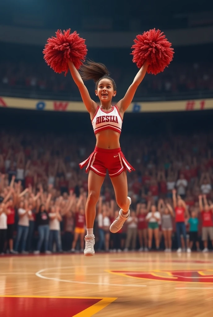 Light skin elementary school cheerleader side view
