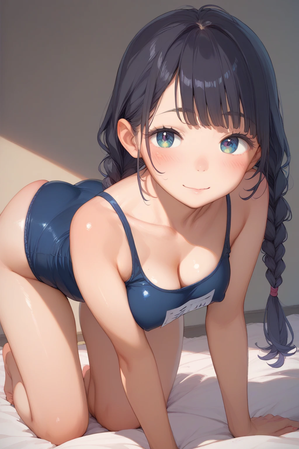  High Quality、Beautiful eyes、Detailed eyes、 cute face、 baby face 、、 elementary school students、 school swimsuit、Black Hair、 hair with braids、 girl、whole body、 smaller breasts、 is on all fours、Turn your butt towards the viewer