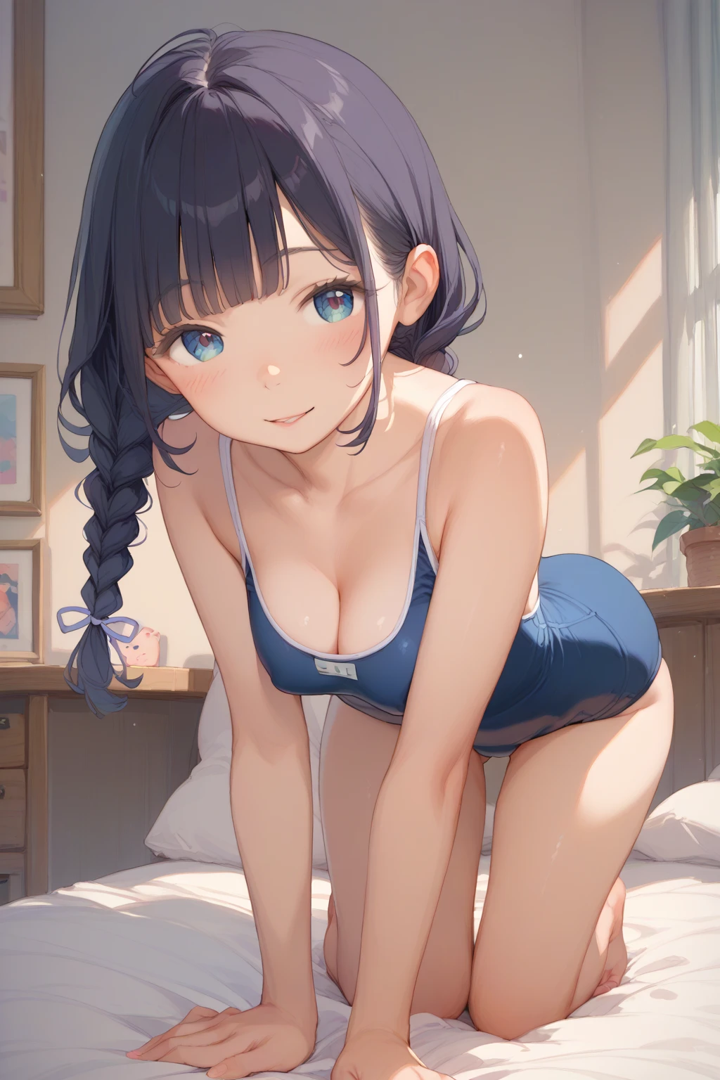  High Quality、Beautiful eyes、Detailed eyes、 cute face、  、、 elementarswimsuit、Black Hair、 hair with braids、 girl、whole body、 smaller breasts、 is on all fours、Turn your butt towards the viewer