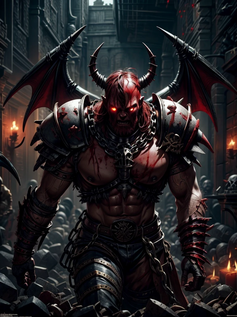 1 male, khorne, Khorne_World, berzerker, red skin, blood on clothes, blood on face, faceless, stout limbs, demon wings, flying, devil, skulls, chains, spikes, skull pauldron, torn clothes, brass armor, chaos, warhammer fantasy art