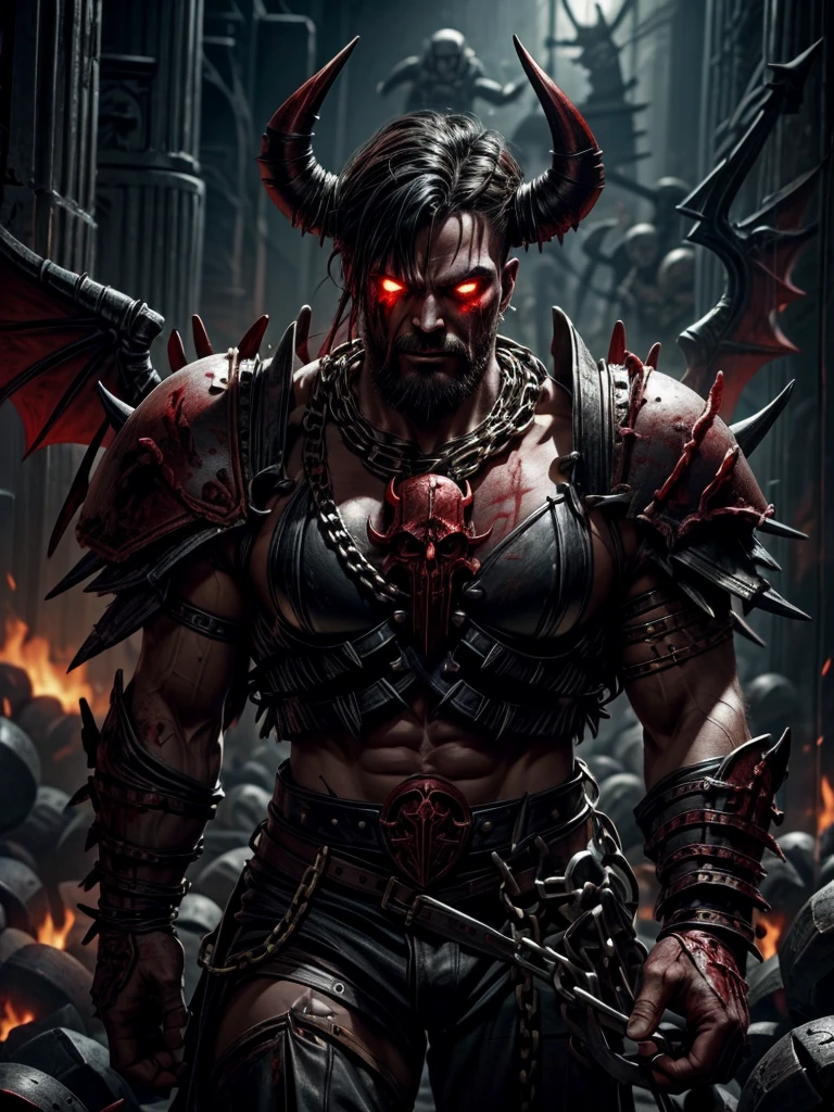 1 male, khorne, Khorne_World, berzerker, red skin, blood on clothes, blood on face, faceless, stout limbs, demon wings, flying, devil, skulls, chains, spikes, skull pauldron, torn clothes, brass armor, chaos, warhammer fantasy art