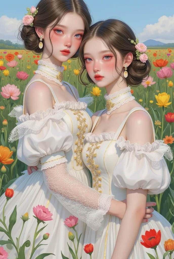 Sisters Group Photo ，Close-up shot of a flower field wearing a dress,  A painting inspired by Shen Sizheng , tumblr, Rococo, Dreamy and detailed,  Victorian dress ,  Ethereal Fairy Tale , retro fantasy style, Gu Weiss,  Victorian Style Outfit , 🌺 CG Society,  Delicate Dress and Face , White Hanfu, Rococo dress,  Fantastic Aesthetics !