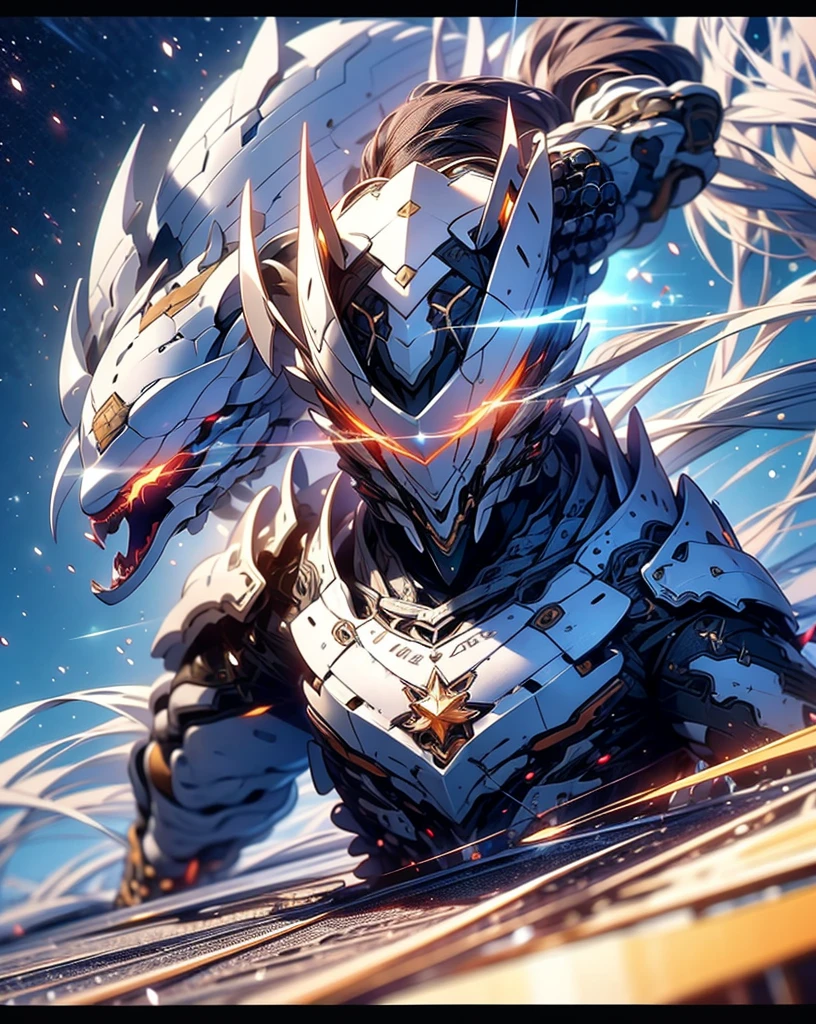 Masterpiece, high quality, Black super robot wars, mecha, glowing cyan eyes with very long white, magic circle, space background, close up, humanoid face,