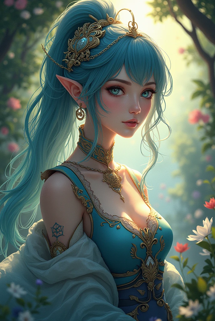 ((Best quality)), ((masterpiece)), (detailed:1.3), 3D ,HDR (High Dynamic Range), beautiful rainbow gradient bioluminescent soft light,radiosity, slight smile, Turquoise hair, Amethyst Purple eyes, carnations and tulips and orchids an anemones and lilies and roses in the background, Vivid contrast, hight resolution, fantasy art, Dramatic shadows, 8k overly positive and idealized perspective, pleasant, romanticized,detailed face, detailed eyes, detailed hands, elf woman, full body

