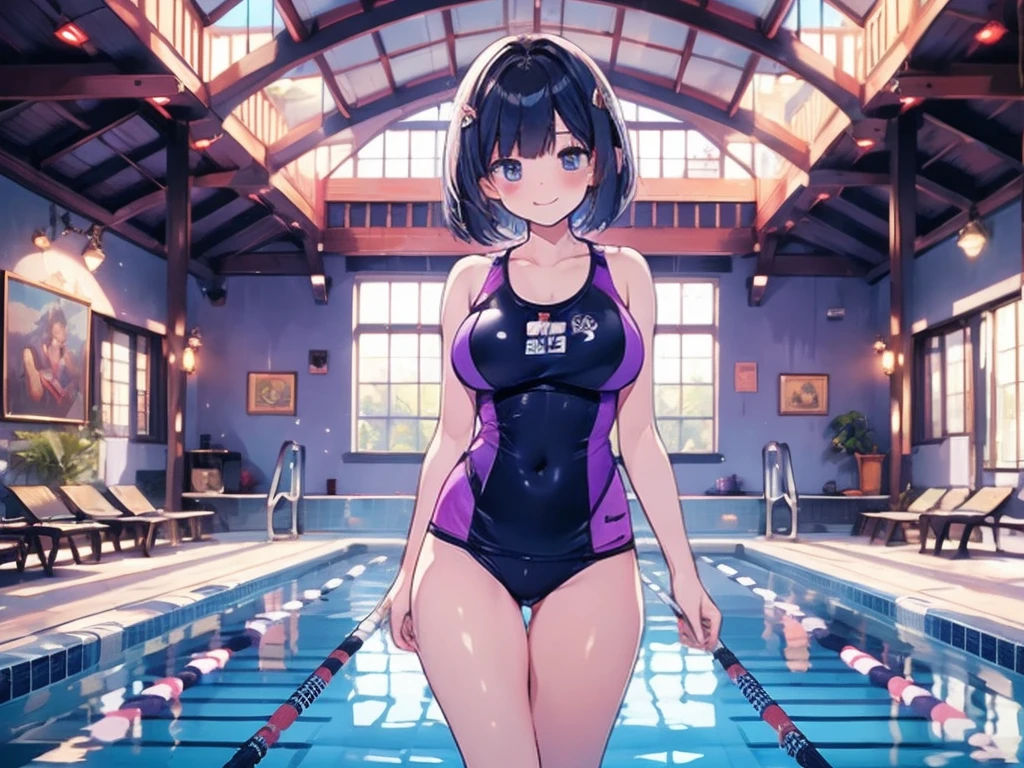 Super detailed,(masterpiece)、(Best Quality)、 1.   preserves a highly detailed face ,  bob cut from the front,    blue hair ,   big breasts at the temple,Narrow eyes,   purple  ,Large indoor pool in the morning,8k,    young woman  ,solid color one-piece gym wear,