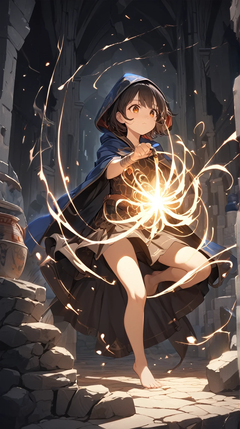 12-year-old girl holding magic staff to blast an evil skeleton, wilderness background,(best quality, masterpiece:1.2), wavy brown hair, stubborn, heroic