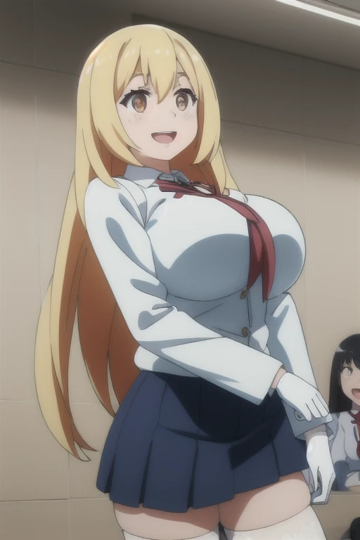 masterpiece, best quality, highres, NSFW, hentai, 1girl, blonde_hair, Blue_eyes, large breasts, huge breasts, black collar, black corset, red school skirt, black thigh highs, classroom, cowboy shot, horny, excited smile, looking at viewer, focus solo 