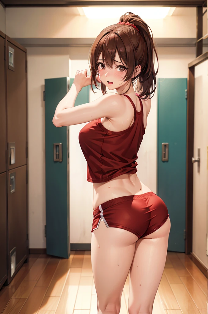  adult woman laughing, Alone,  sexy,8K resolution,((Best Quality)), ultra high resolution, ( embarrassed face ), ( Brown Eyes ),  Beautiful Symmetrical Face , (red-brown ponytail), tank top , sports shorts,socks,Realistic:1.4,Realistic:1.4,(masterpiece:1.2), perfect eyes,Perfect Eyes, Anatomically Correct Human Body ,Perfect waist,Perfect thighs,(Open your mouth:0.8),(tongue:0.8),Sigh,locker room,look back,Changing clothes,(sweat:1.2)