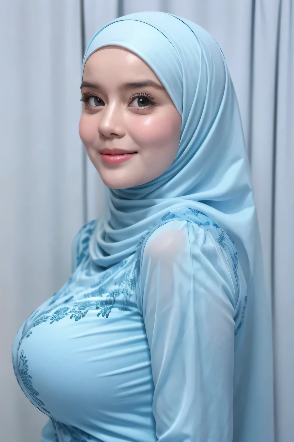 adorable, 1 girl, (face to face), , , happy, half body portrait, (face details: 1), (eye details: 1), ((huge breasts)). wearing transparent transparency soft long shirt, hijab .. Cute posed. proportional body. Ultra High Res. realistic: 1.4, UHD, (floral pattern), view from side seductive pose 