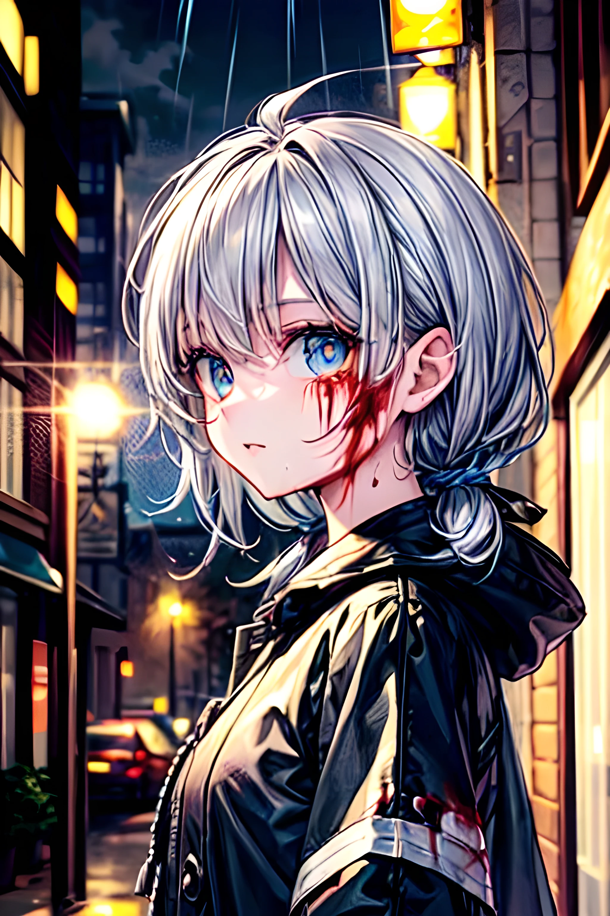 An AI high mature girl named Karin, short white hair, with blood, damaged, hurt, anime, psychopath, smile psycho girl, city background