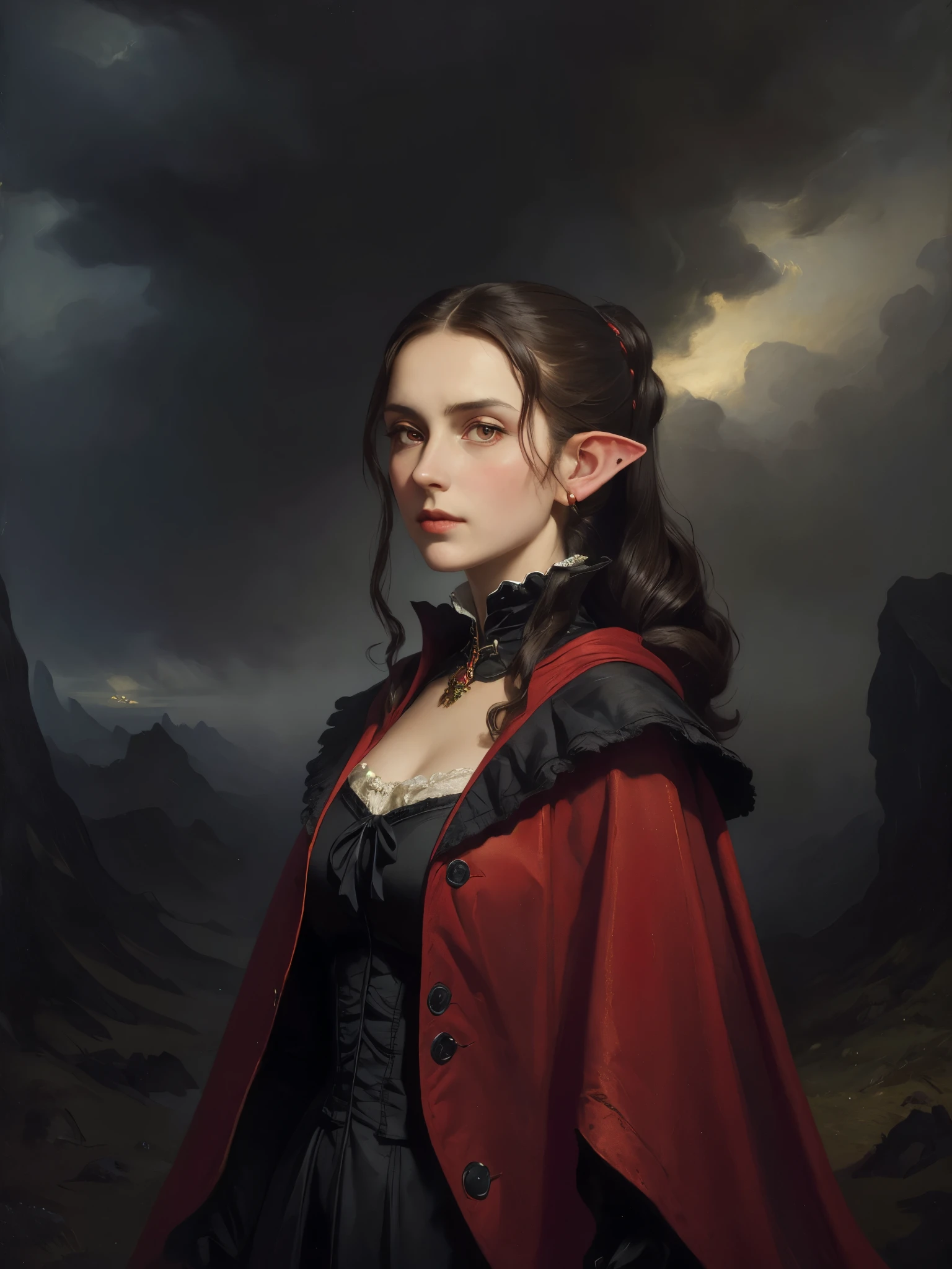 portrait of a woman, oil, painting, single, Victorian era, (by Peder Balke:1.3), (masterpiece, best quality:1.3), (highly detailed:1.5), UHD, 8K, beautiful, (red eyes), pointy ears, long hair, ponytail, (black dress, red cloak), outdoor background, mysterious theme, (wind, mist), (dark theme), (amazing background)