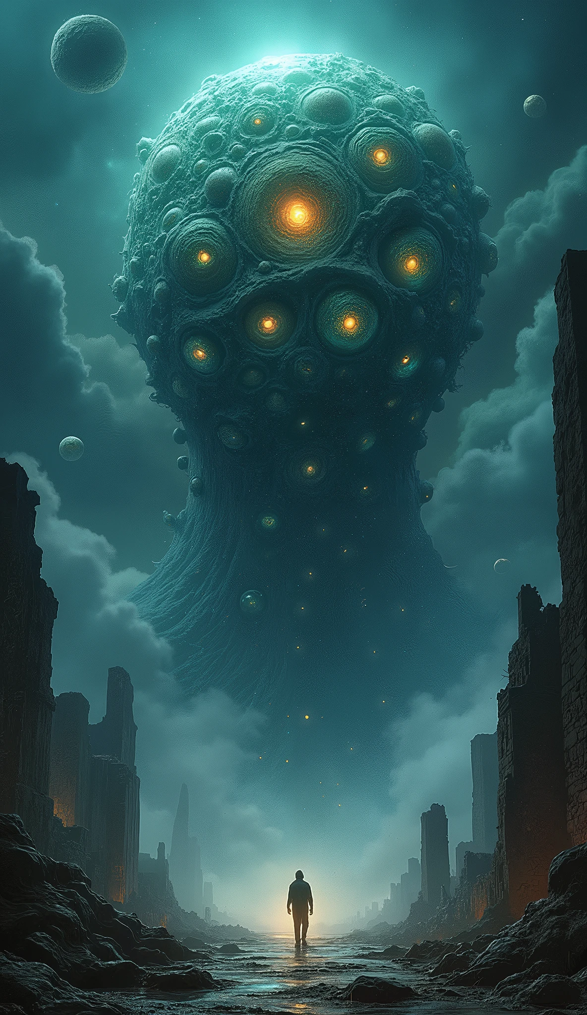 cosmic horror, a dark monstrous giant eye in the sky, horror, dark mood, dark ambient, night