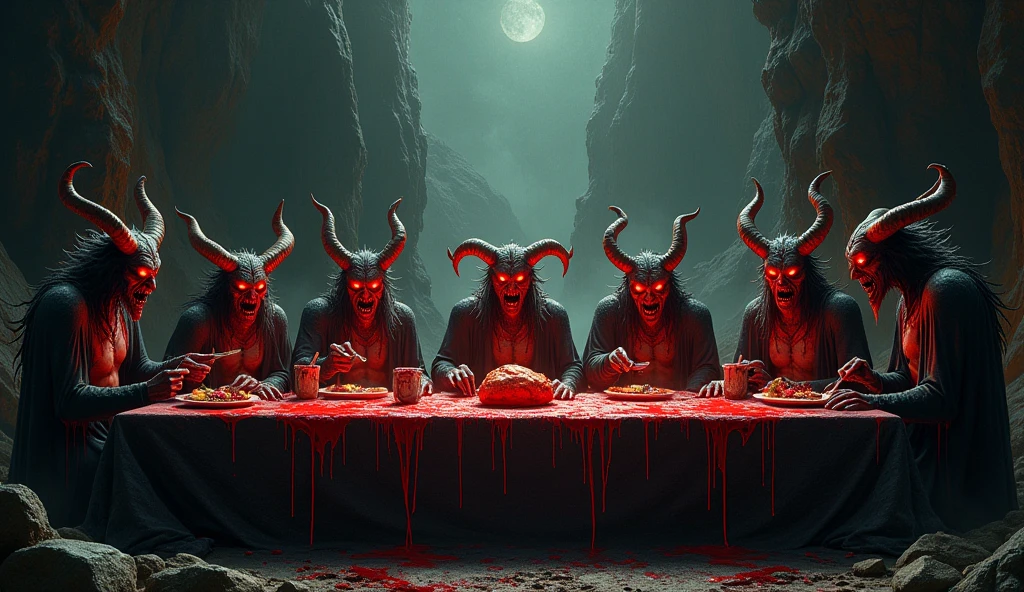 There is an image of three women with horns on their heads, sitting around a ouija board, creepypasta, CGI horror 4K, scary HD 4K, scary Netflix still shooting, Demon Girl, unsettling 4k digital art, horror video game, realistic CGI, indie video game horror, demon eyes, with bright red eyes, still from animated horror movie, render realistic CGI, realistic cinema 4 D render --auto