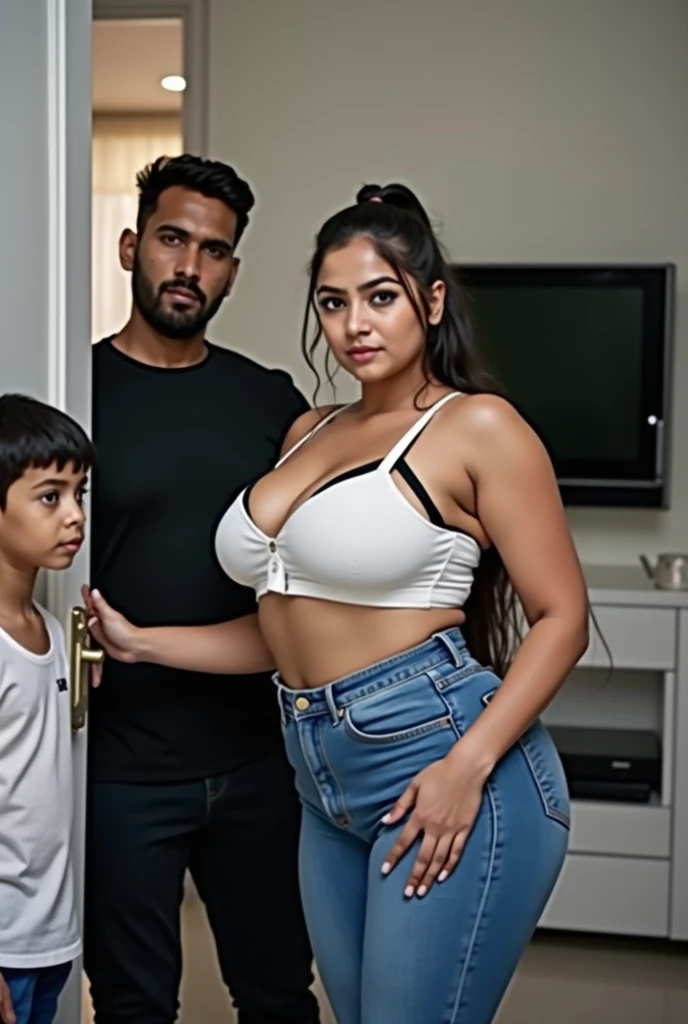 Busty arabian Mother with her boy and daughter. Photo. Optimistic