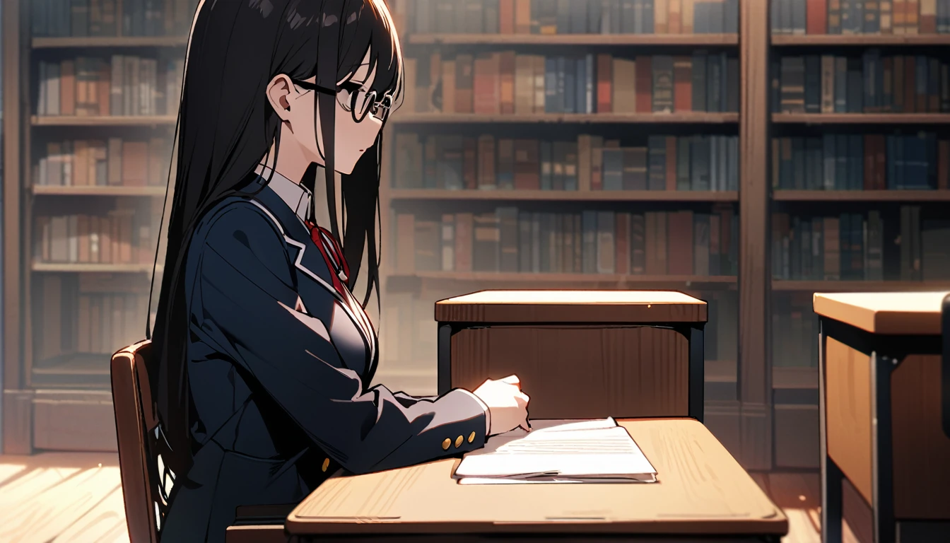 （masterpiece, Best Quality:1.2)、One person、 high school girl、Black Hair、long hair、Black Eyes、empty eyes、 slender、Glasses、黒いschool uniform, 黒のmiddle breast, blazer,  red ribbon、close mouth、no expression、Large desk、 Sitting on a Wooden Chair 、Library、study、Man Facing Each Other、 side view、Super Long Shot