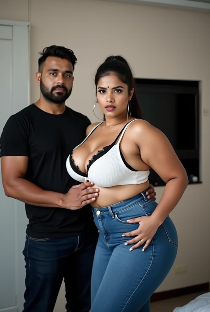 Indian married couple, man and woman, short woman with long hair, big breasts, big hip, big ass, thick curvy, 30 years indian tall man buzz cut wearing shirt and jeans, woman wearing black kurti and leggings, Couple, shock, detailed.