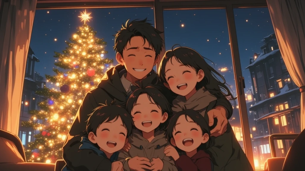 (Masterpiece, high quality, high definition, 4K, 8k,（（ anatomically correct human body 、Detailed face））、cute anime style 、detail、）、Christmas Night、 trying to take a commemorative family photo in front of the Christmas tree at home、 cool dad and cute mom 、（ cute  1 person ）and（1 person）and girl （1 person）、 dad is holding his family from behind with both hands 、 everyone in the family is smiling and having fun 、 the Christmas tree decorations are sparkling 、 outside the back window is snowing in the dark at night 、Happy family atmosphere 、Cute anime 、 wrapped in the soft, warm light of the house 、It's snowing outside （ anatomically correct human body 、 anatomically correct hand、 detailed and cute smile ）、 happy and warm family so happy and warm that what they see is moved、