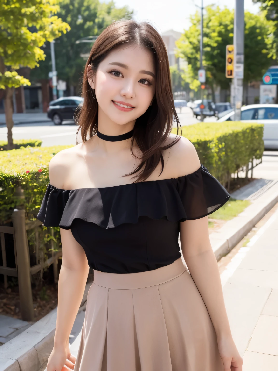  ulzzang-6500-v1.1, ( RAW photos from the last century:1.2), ( photorealistic), 美しい Detailsな***, (Genuine: 1.4), 非常に Detailsなな目と顔,  beautiful details,  ( strapless blouse,  flared skirt showing right shoulder,  Ultra Realistic Pantyhose :1.3,  black choker )、 full body esbian on the road、 ( Very Affectionate Smile :1.2)、 very large ,  Hi-Res, 非常に Detailsな, Best Quality, [masterpiece:1.6], Awareness-raising, 非常に Detailsな,   Details, Best Quality, 8k wallpaper,  Movie Lighting,  one girl playing pranks, ,   perfect figure , Cute droopy eyes、 beautiful big eyes 、Skirt and thighs、 ((masterpiece)), Best Quality,  one girl playing pranks,  eyeshadow,  upper body, Portraiture, ((  full body shot :1.2))、