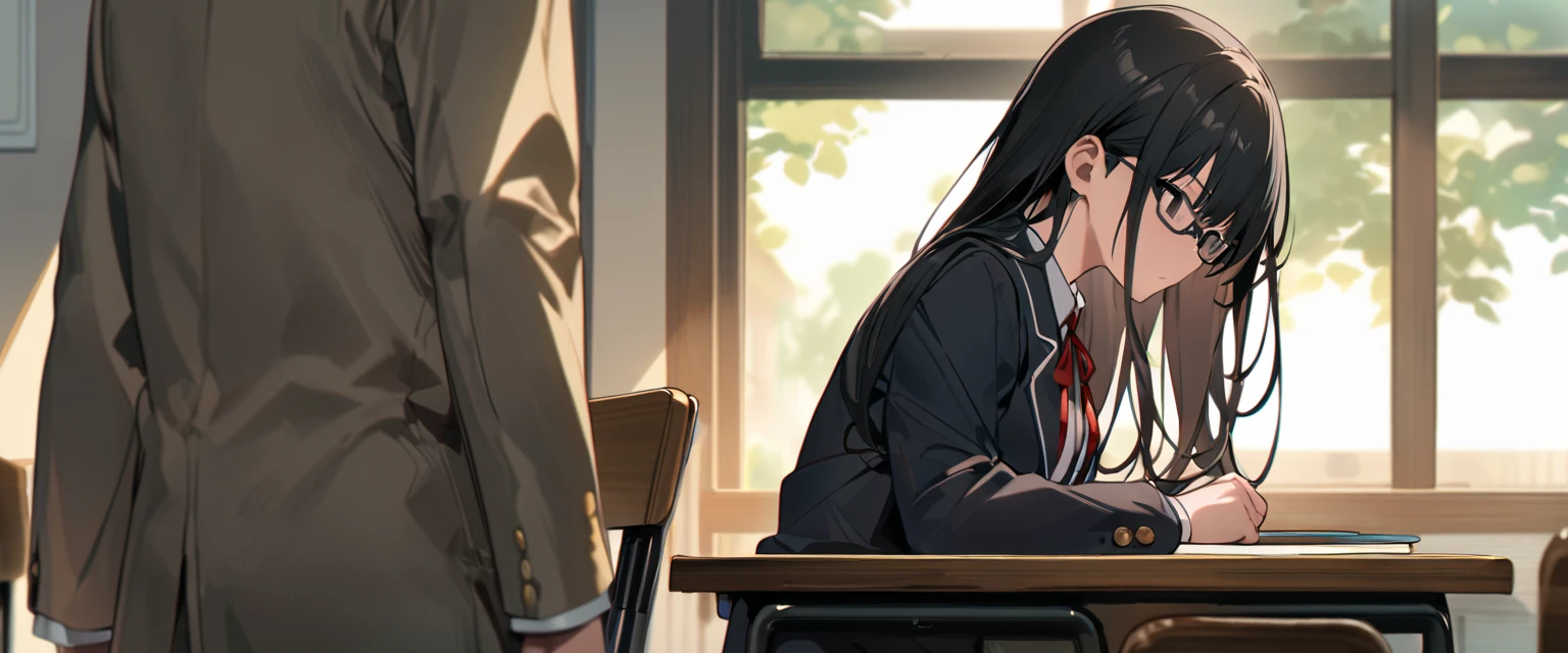 （masterpiece, Best Quality:1.2)、One person、 high school girl、Black Hair、long hair、Black Eyes、empty eyes、 slender、Glasses、黒いschool uniform, 黒のmiddle breast, blazer,  red ribbon、close mouth、no expression、Large desk、 Sitting on a Wooden Chair 、Library、study、Man Facing Each Other、 side view、Super Long Shot