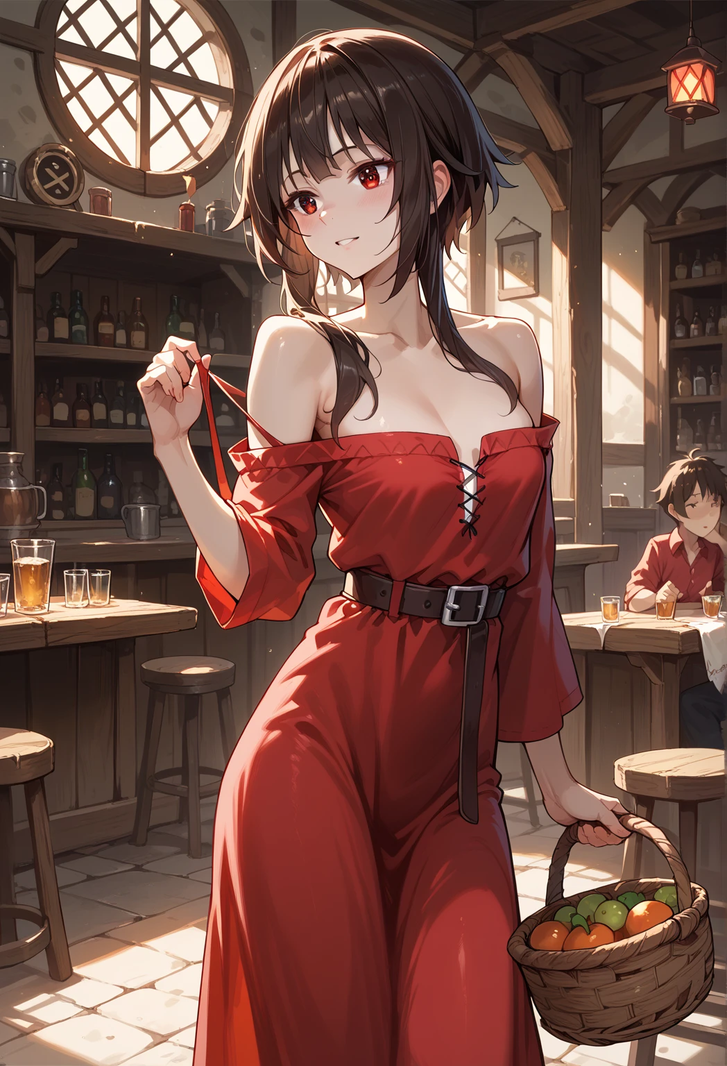 Megumin,sexy、Chest、Tavern、 red dress with basket