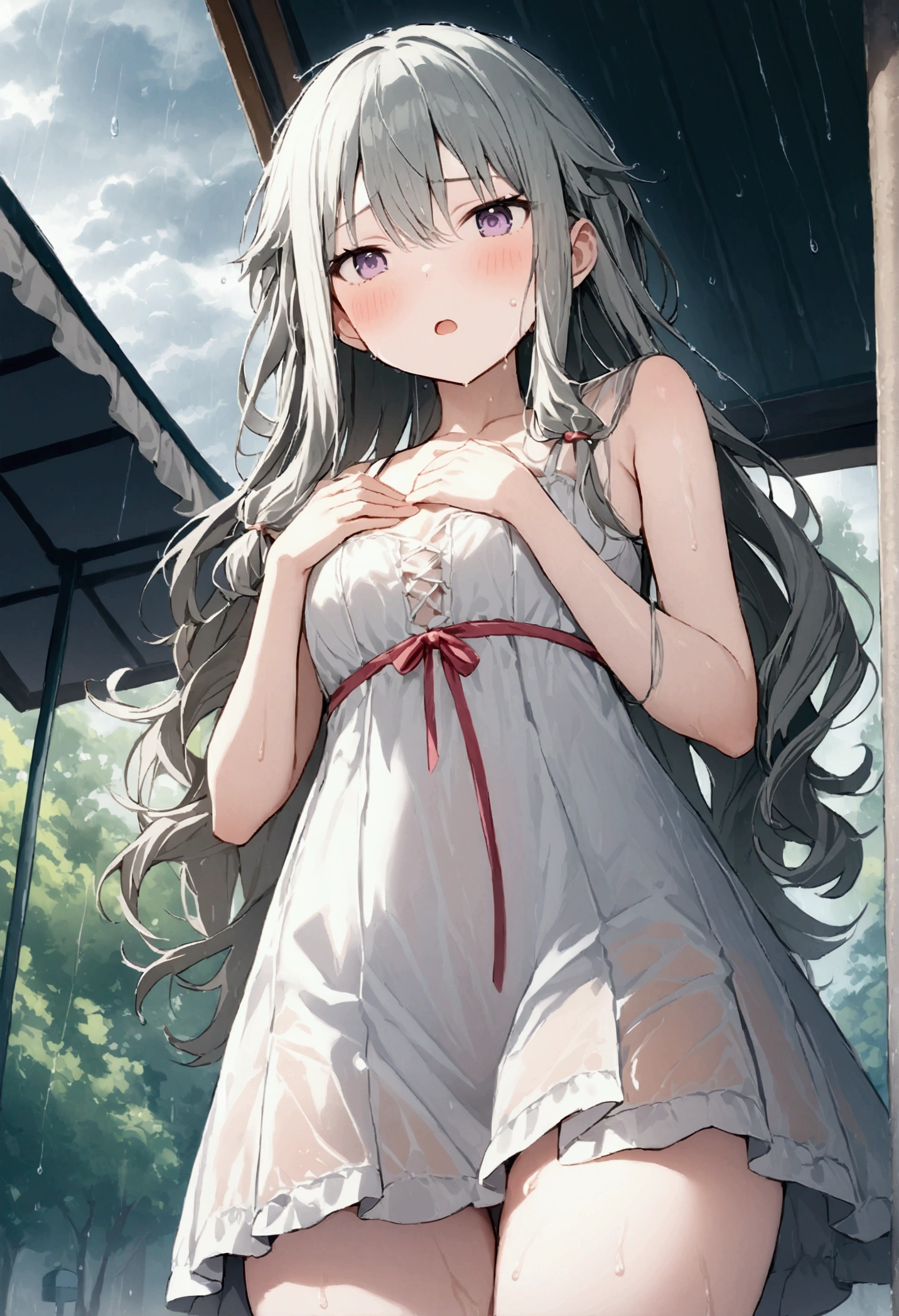 Big Breasts:1.5、、highest quality、Very detailed、Highly realistic eye masterpiece、highest quality、Very detailed、Gray Hair、Perfect Face、Long Hair、White Dress、Sundress、anime、countryside、clear、thin、Frills、Pussy、真From below、Love Juice、Big Breasts、Browsing Caution、crowd、Many people々、urination、White Stockings、vaginaにRotor Insertion、Vibrator Masturbation、vagina、Rotor Wire、From below、Push the rotor inwards、thin、clear、Rotor Insertion、sit