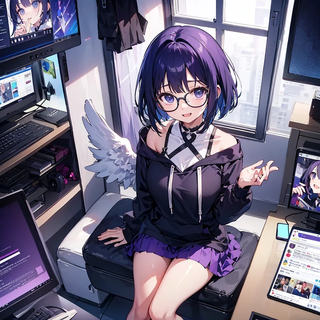 solo1.5、 High Quality、Bird's-eye view from above composition 1 .7、Seiko no Hand 1 .5、Purple-black bob cut 、 sitting on the purple cube in front of the monitor 、 black hoodie and purple mini skirt 1 .6、 1 with a silver light cube floating on the right hand.7、voluptuous0.6、Angel Girl Sandalphone 1 .8、Confident smile without opening her mouth1 .1、black rimmed glasses 1.4、