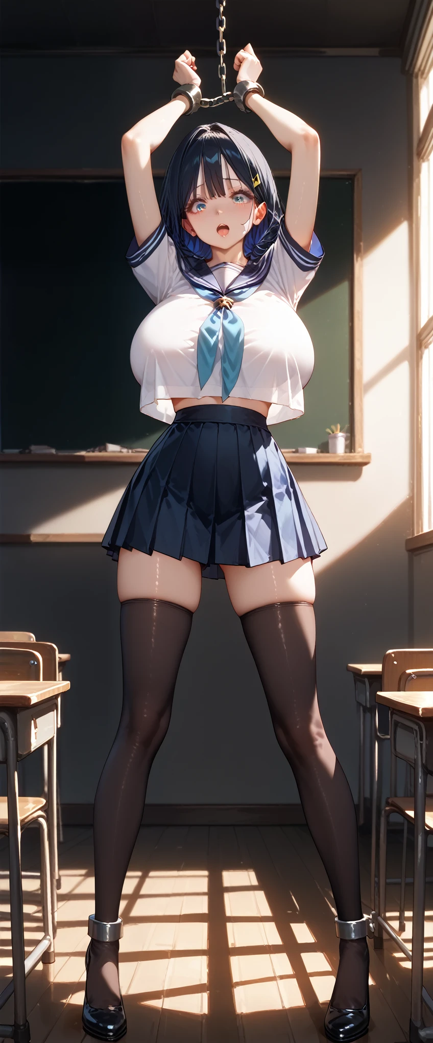 classroom, ( sailor suit)、 girl,  The Eyes That Seduce Viewers, Shine, Shine, masterpiece, The sweet taste of temptation, nice, masterpiece, Best Quality,  Shadow, core_9, score_8_up, score_7_up、(gigantic breast)、Black Hair、 is standing、(Big Eyes)、(skirt)、Small waist、(Very long legs)、 Black Stockings 、(w-w-chain:1.15), spread arms、Breasts covered with clothes