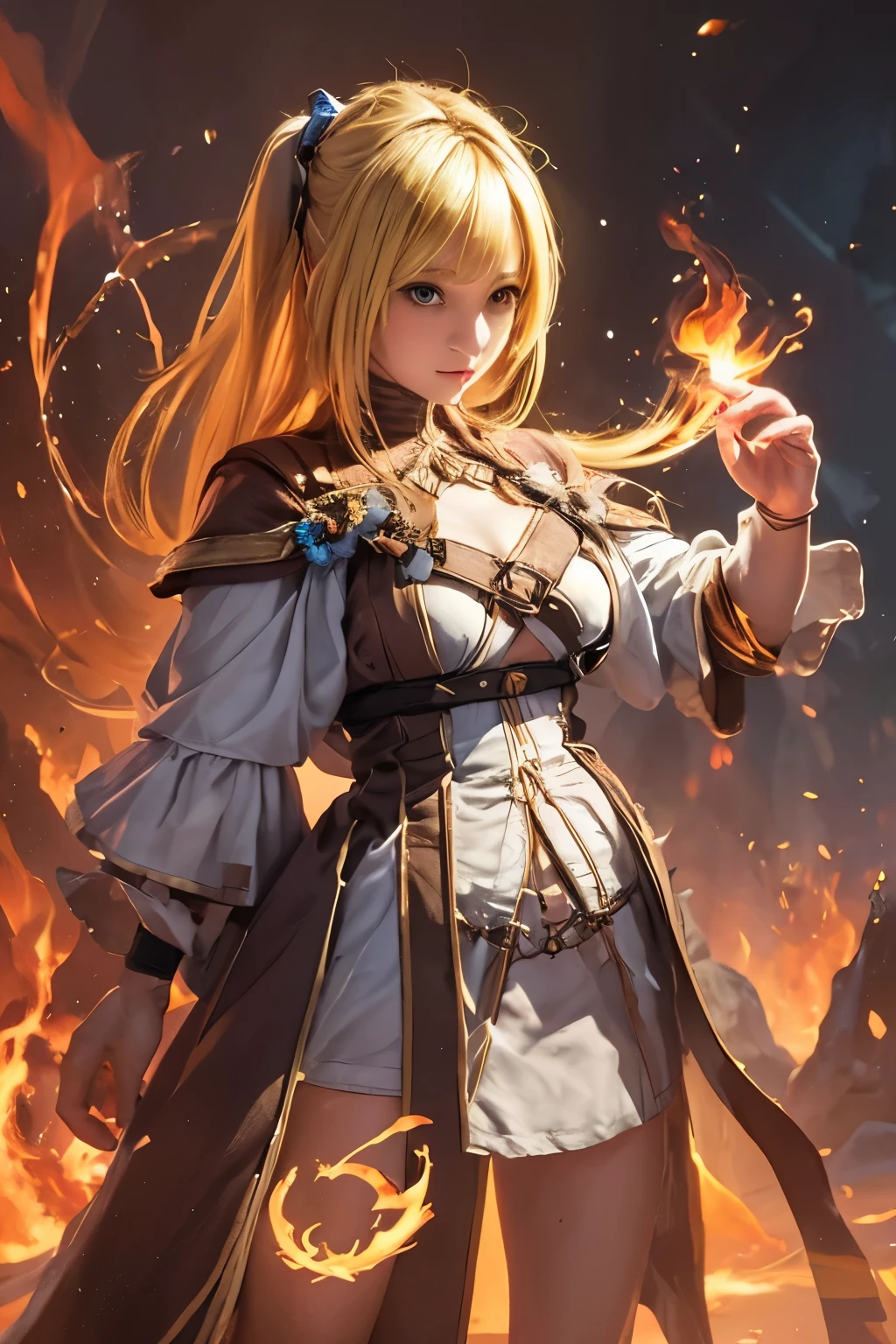 ragnarok online arch mage,Beautiful girl,standing,big ribbon,hold huge fantasy staff,blonde hair,cast fire spell,illustration,Oil Paintings/portrait, high-profile room,high-res, Rendering,Bright colors,sharp focus,Studio lights,Props and backdrops in the theme of fantasy