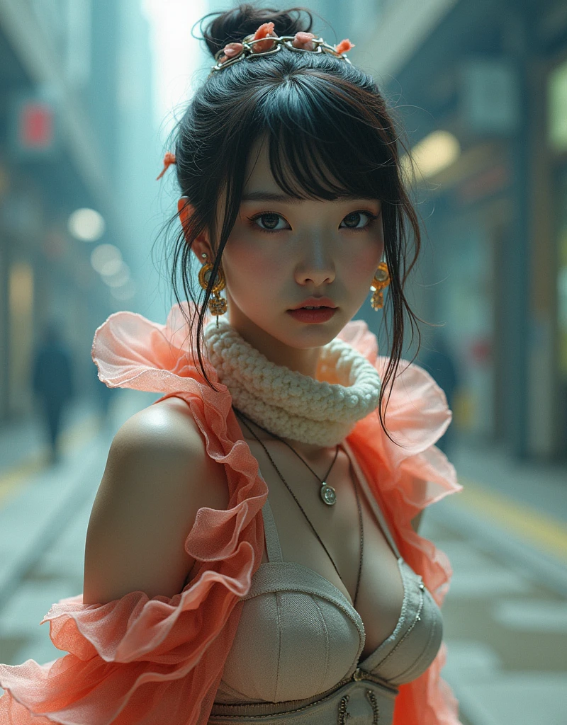 (Girl in a semi-transparent one-shoulder white miniskirt dress), (photo realistic:1.4), (hyper realistic:1.4), (realistic:1.3), (smoother lighting:1.05), (increase cinematic lighting quality:0.9),. 32K, 1girl,20yo girl, realistic lighting, backlight, light on face, ray trace, (brightening light:1. 2), (increase image quality:1.4), (highest quality realistic textured skin:1. 4),(Big Blue Eyes)、Detailed drawn eyes、Detailed painted face、Fine textured eyes、A shirt that shows off a lot of cleavage、(Accentuates the body line:1.1)、(Beautiful textured skin:1.1)、(Red petals are flying)、(White lace panties are visible)、Slim long legs、