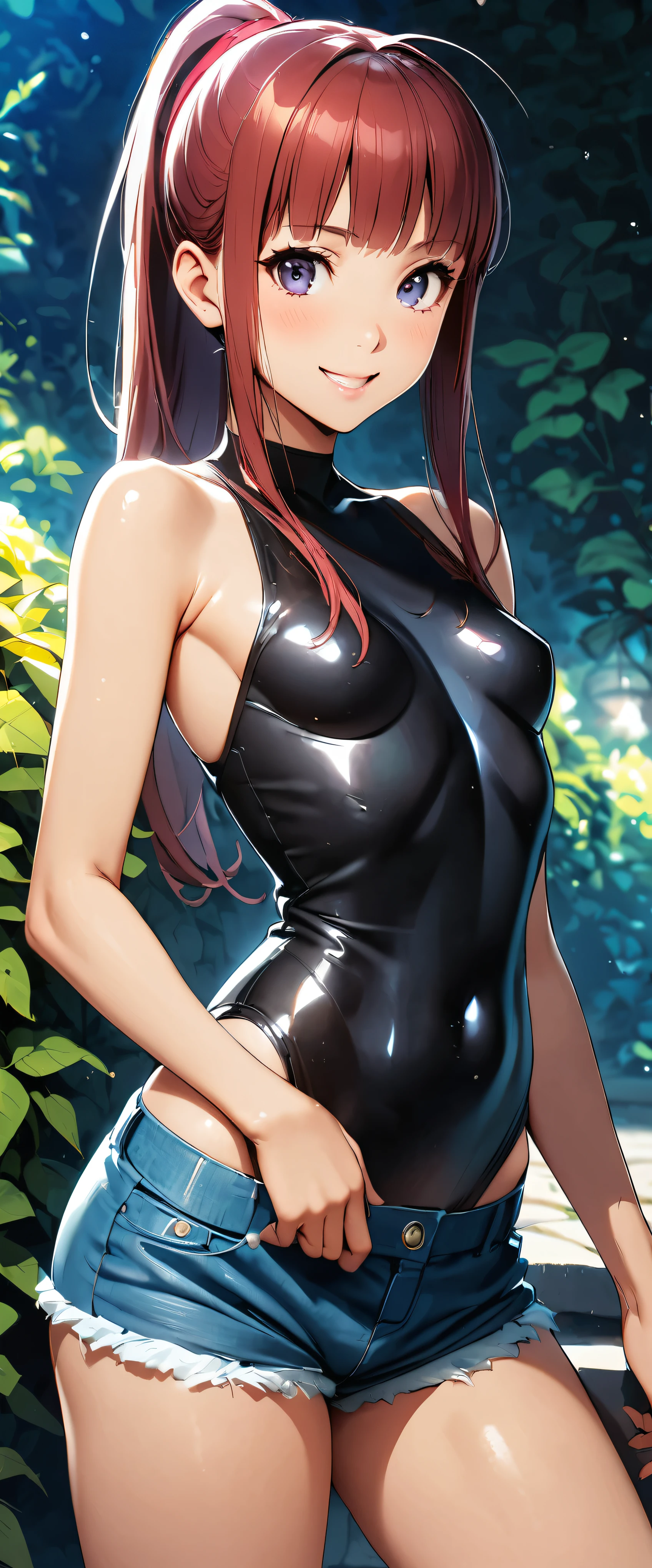 (((masterpiece)))、((Best Quality))、(Ultra-detailed)、(CG illustration)、( Very Beautiful Girl))、 cinematic light 、((1 Girl))、 、(Beautiful and luxurious:1.2)、( 1 girl:1.3),garden,Junior high school students,Shiny sleeveless V-line bodysuit,jean micro shorts,,smile,, skinny,Fits perfectly against the skin,Small breasts, ponytail,