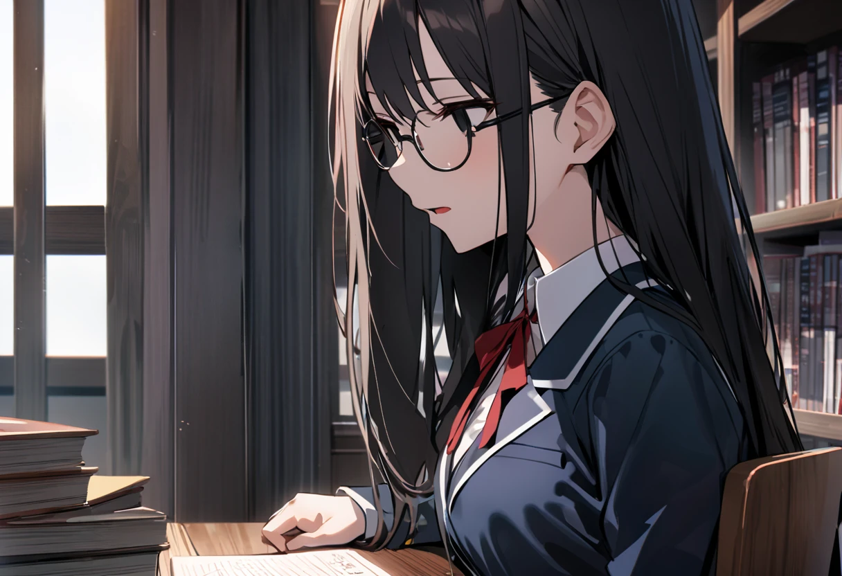 （masterpiece, Best Quality:1.2)、One person、 high school girl、Black Hair、long hair、Black Eyes、empty eyes、 slender、(Glasses)、Glassesをつけた女性、黒いschool uniform, 黒のmiddle breast, blazer,  red ribbon、close mouth、no expression、Large desk、 Sitting on a Wooden Chair 、Library、study、(Man Facing Each Other)、 side view、Super Long Shot