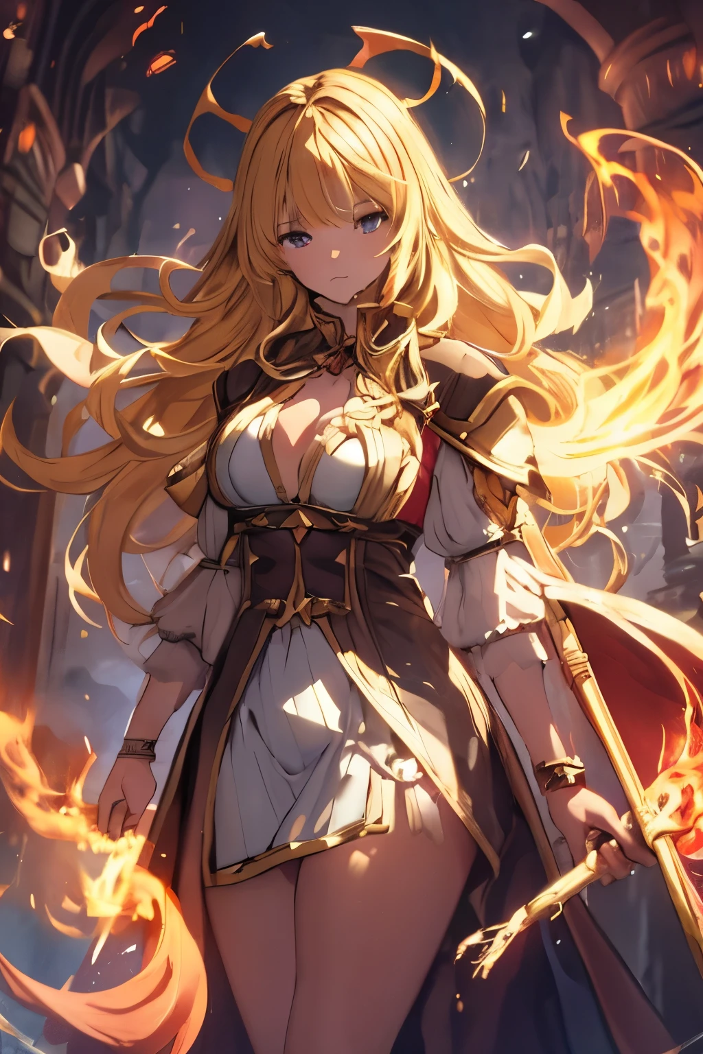 ragnarok online arch mage,Beautiful girl,standing,big ribbon,hold huge fantasy staff with both hand,long blonde hair,cast fire spell,illustration,Oil Paintings/portrait, dark fantasy castle,high-res, Rendering,Bright colors,sharp focus,Studio lights,Props and backdrops in the theme of fantasy