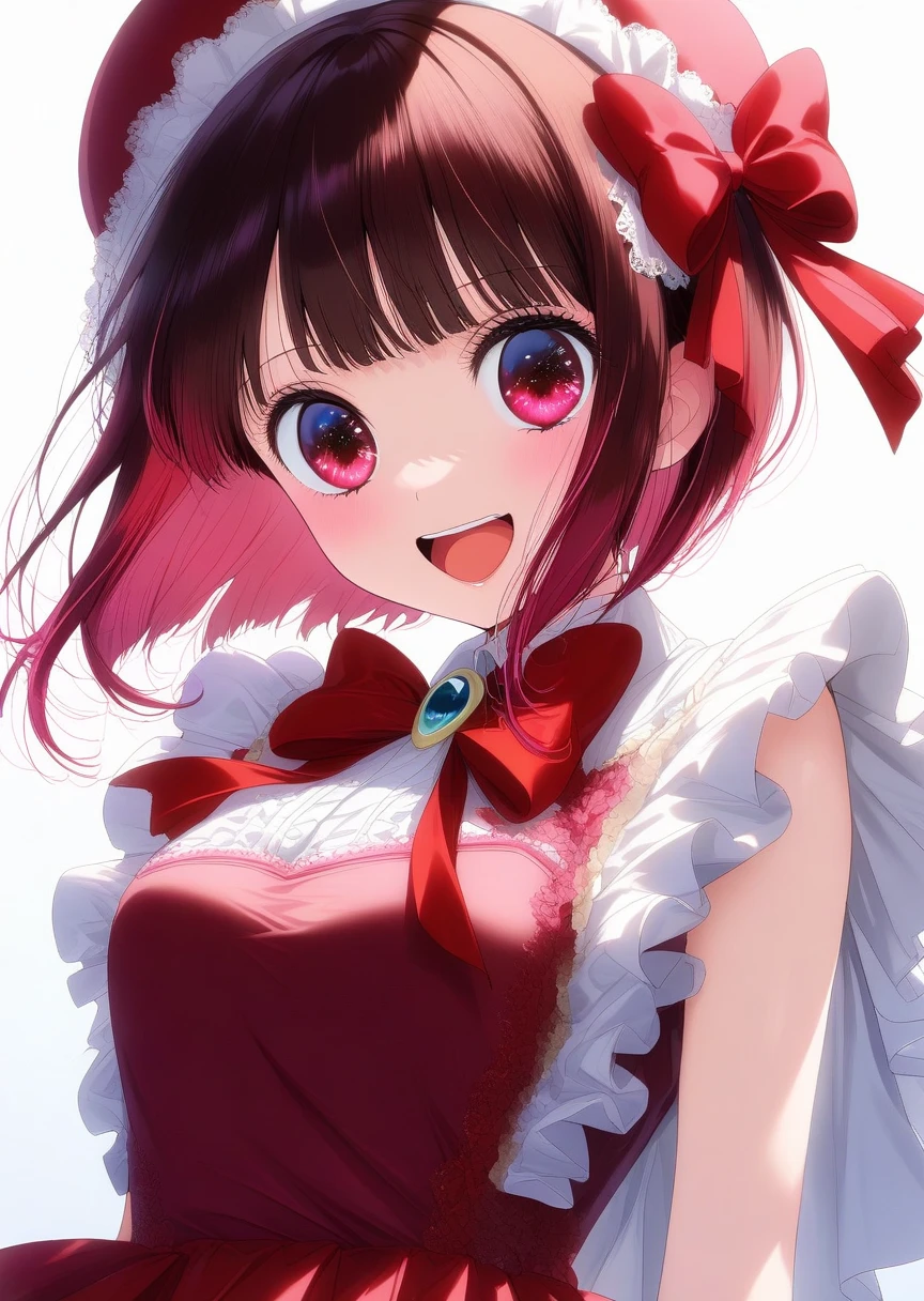 top quality,super detail, fine detail,1girl,solo,arima kana, (oshi no ko),cute hat,open mouth, idol costume, red ribbon, beautiful face,beautiful eyes, very detailed hair,boring expression,cowboy shot,intricate detail,newerst,(very aesthetic:1.3)