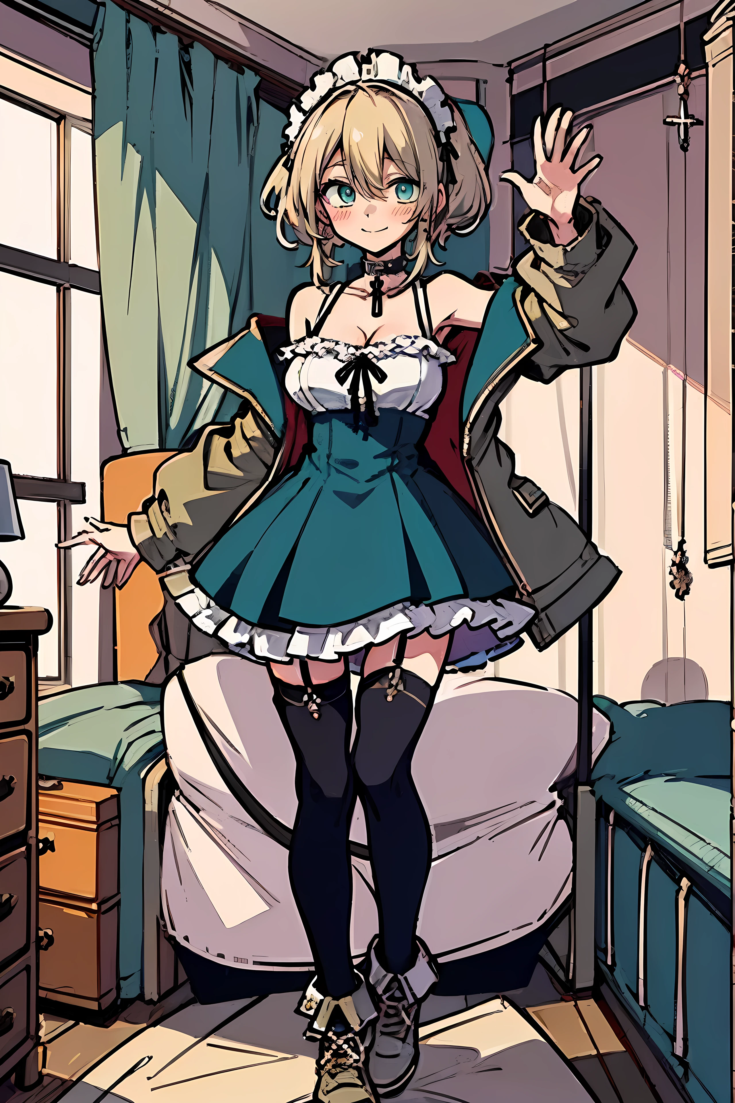 (masterpiece:1.2), (high quality:1.2), rekkyo sensen, rekkyou sensen, girls with(((1girl, solo, aiden d adams, white blonde hair, teal eyes, smiling, blush, short hair, frilled headdress, low twintails:1.3), maid, off-shoulder sleeves, bare shoulder, breasts, choker, cleavage, coat, cowboy shot, (white frilled dress:1.2), camisole, stright dress, (((stright dress)))wear, long dress, white apron, colset, collar, collarbone, rosary, rosary choker, cross, fur, khaki hoodie, green hoodie, hood down, hooded coat, hooded jacket, hoodie, jacket, large breasts, long sleeves, medium breasts, open clothes, open coat,open hoodie, sleeveless, winter clothes, cleavage, standing, white thighhighs, strap shoes, full body, hand up, waving, palm)), background with((bedroom, room:2.0))