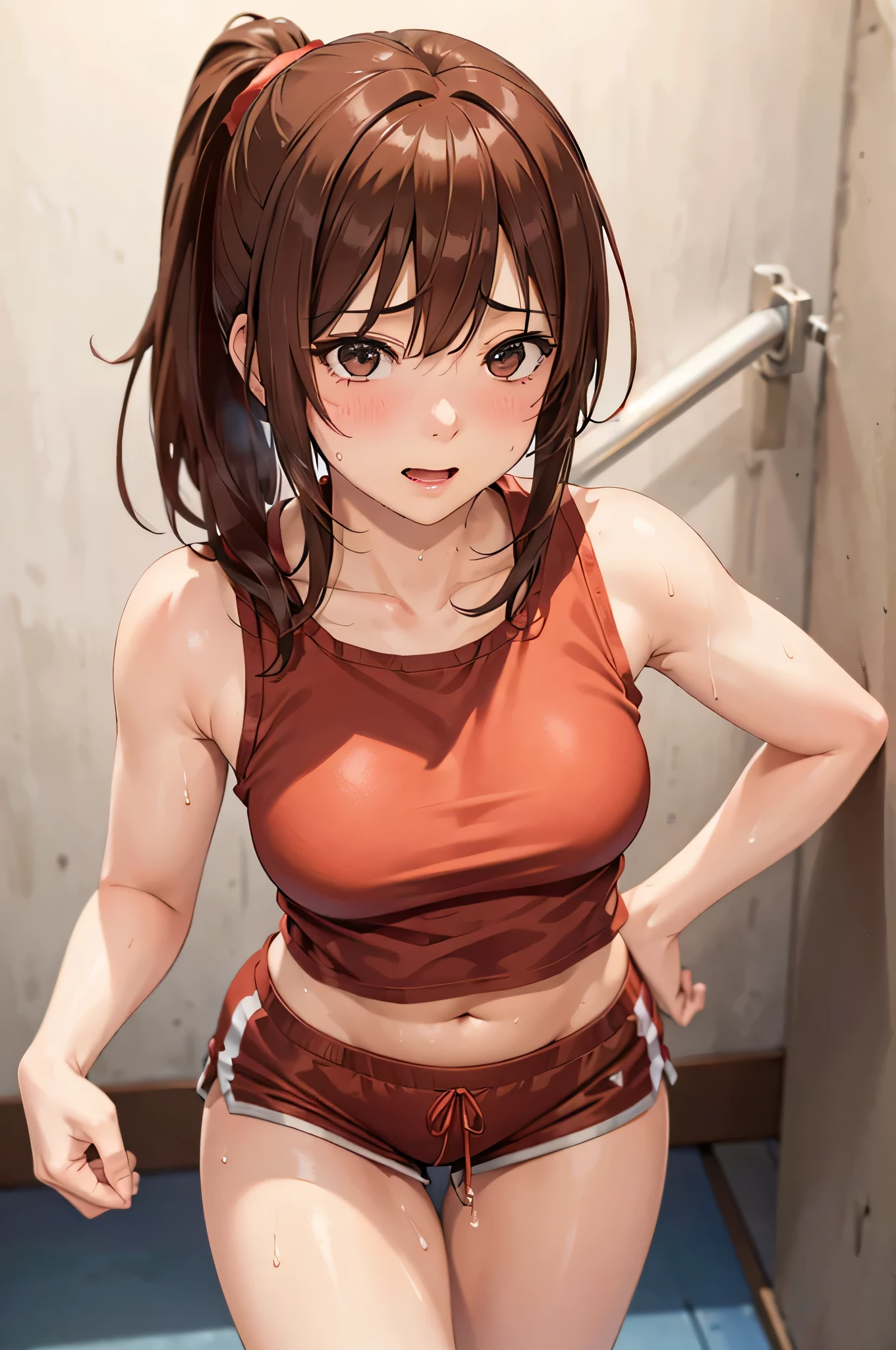  adult woman laughing, Alone,  sexy,8K resolution,((Best Quality)), ultra high resolution, ( embarrassed face ), ( Brown Eyes ),  Beautiful Symmetrical Face , (red-brown ponytail), tank top , sports shorts,socks,Realistic:1.4,Realistic:1.4,(masterpiece:1.2), perfect eyes,Perfect Eyes, Anatomically Correct Human Body ,Perfect waist,Perfect thighs,(Open your mouth:0.8),(tongue:0.8),Sigh,locker room,Changing clothes,(sweat:1.4),Bra, pressing against the wall 