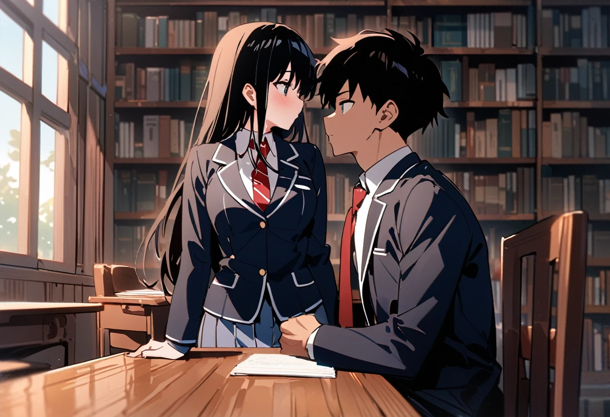 （masterpiece, Best Quality:1.2)、One person、 High  Boys、Black Hair、黒いschool uniform, 黒のmiddle breast, blazer,  red tie 、Large desk、 Sitting on a Wooden Chair 、Library、study、(Man Facing Each Other)、 side view、Super Long Shot