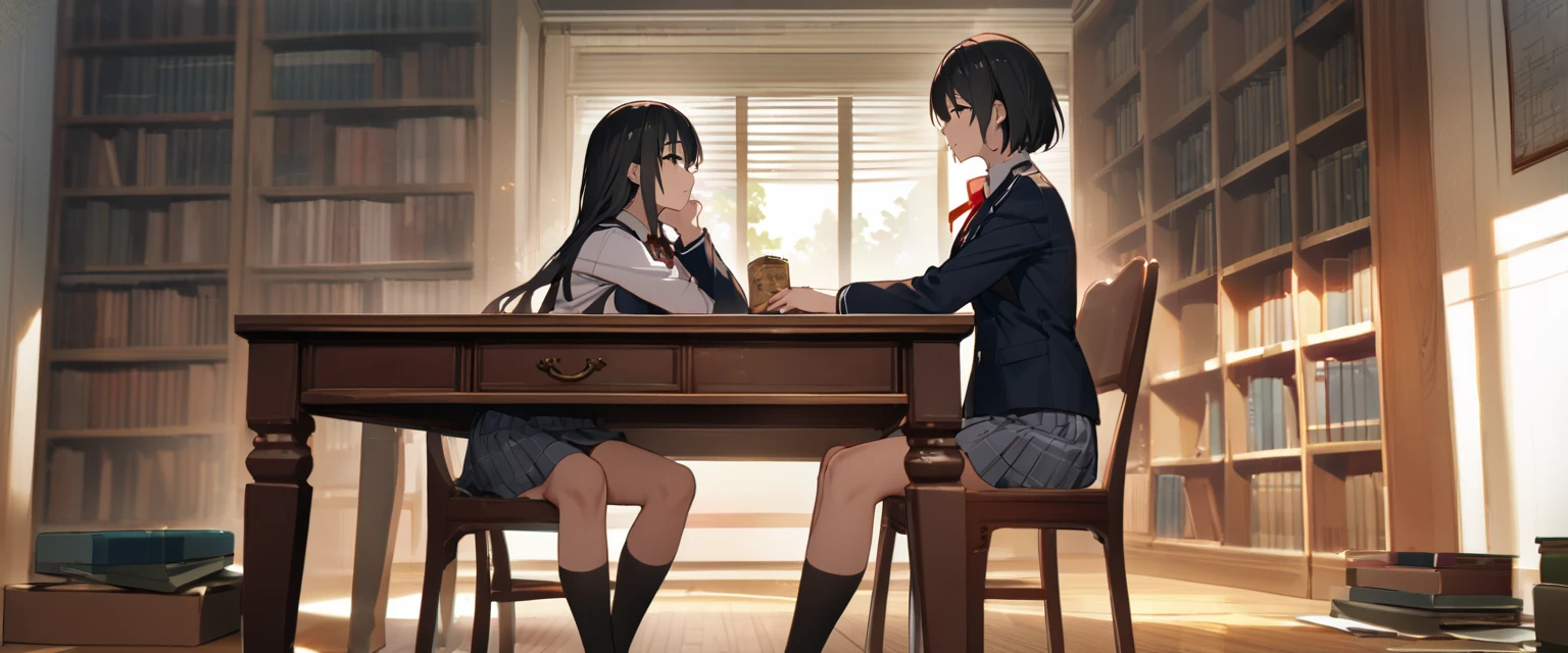 （masterpiece, Best Quality:1.2)、黒いschool uniform, skirt、黒のmiddle breast, blazer,  red ribbon、Large desk、Under the desk、(Stretch your legs out in front of you）、 black socks 、 Sitting on a Wooden Chair 、( sit on a chair)、Library、study、Man Facing Each Other、 side view、Super Long Shot