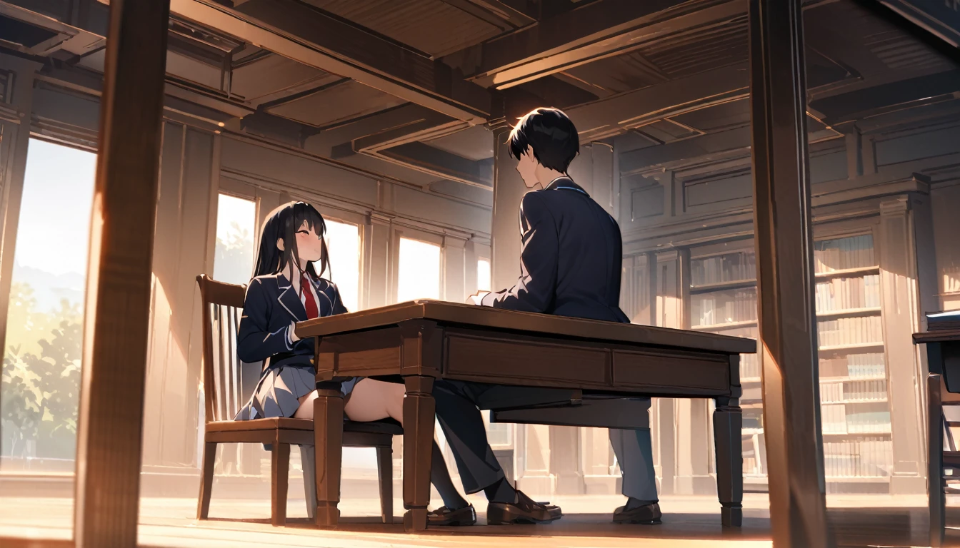 （masterpiece, Best Quality:1.2)、male、黒いschool uniform, 黒のblazer,  red tie 、Large desk、Under the desk、 spreads legs、 Sitting on a Wooden Chair 、( sit on a chair)、Library、Man Facing Each Other、 side view、Super Long Shot