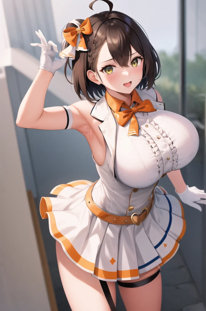 masterpiece, Best Quality,  Hi-Res, Evalti ,  short hair, Ahoge,  French blade, Mini Hat, orange bow, Check pattern,  sleeveless shirt, center frills, Arm strap,  white gloves,  naval cutouts , belt, White Skirt,   mini skirt,  is standing, Cowboy Shooting, Outdoor, Field,  Arm Bras ,